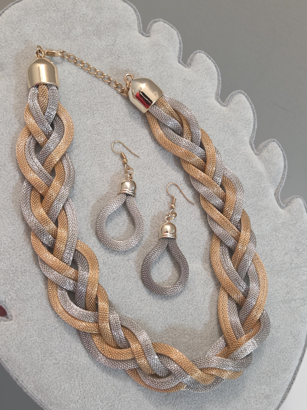 Two-Tone Gold & Silver Braided Mesh Statement Necklace and Earring Set